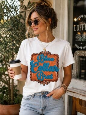 Blue Collar Brat Graphic Tee Boho Western Retro Orange Blue Shirt Coffee Run